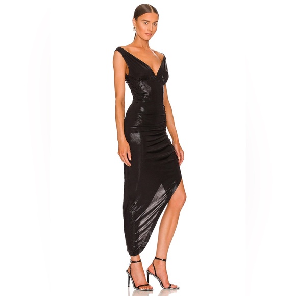 Norma Kamali Tara Side Drape Gown in Black Lame Metallic Large - Picture 2 of 16